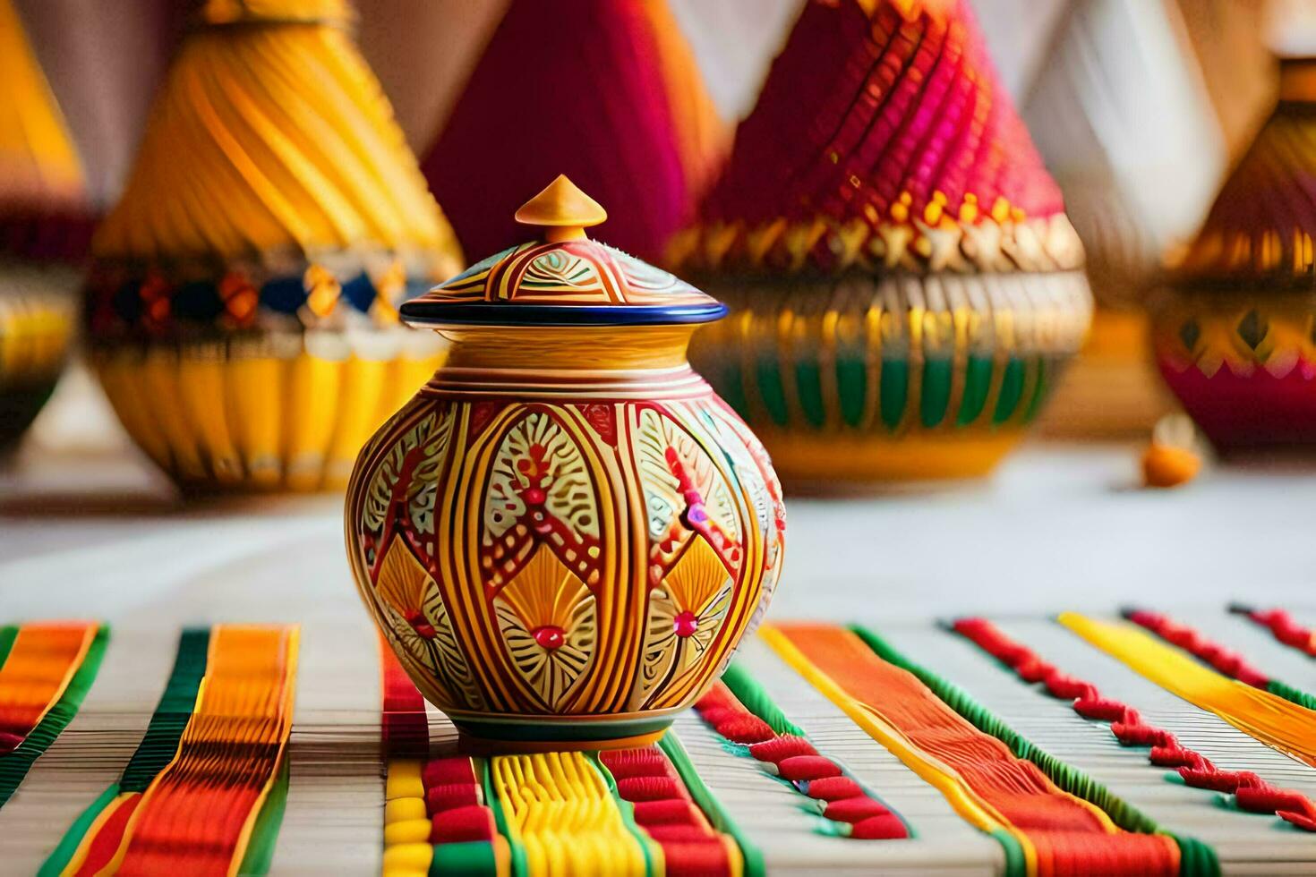 colorful vases on a table with colorful ribbons ai generated free photo colorful vases on a table with colorful ribbons ai generated free photo